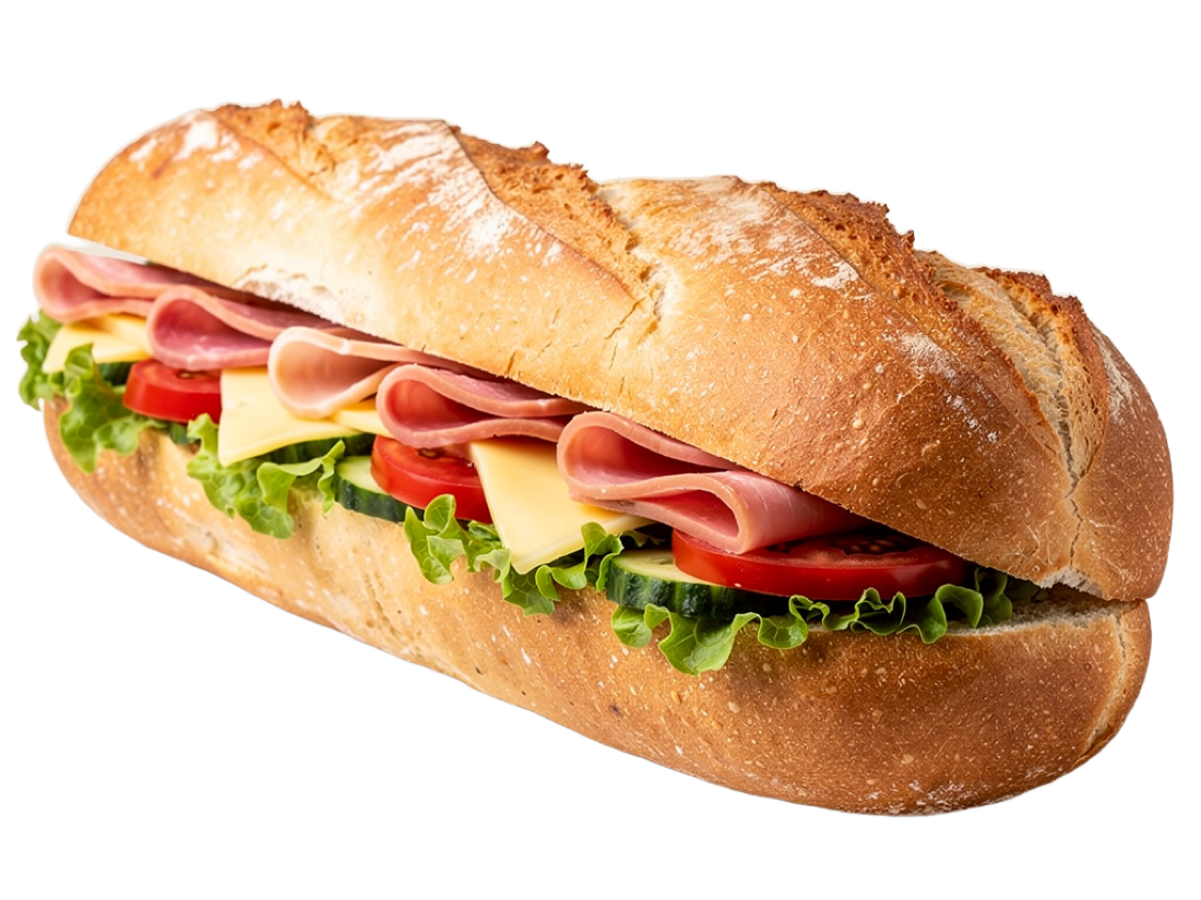 Čerstvá bageta so šunkou, syrom a zeleninou