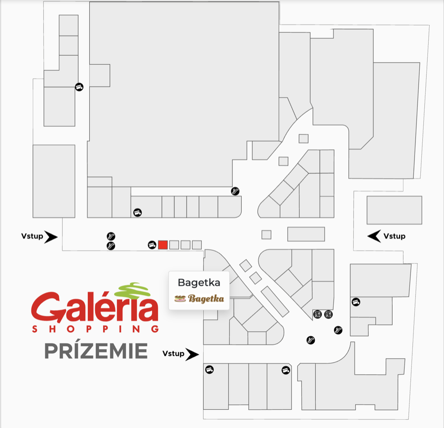 Mapa prízemia OC Galéria Košice s vyznačeným stánkom Bagetka pri vchode od Kauflandu
